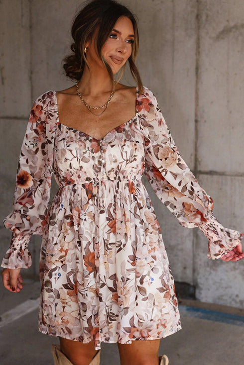 High Waist Sweetheart Neck Long Sleeve Floral Dress
