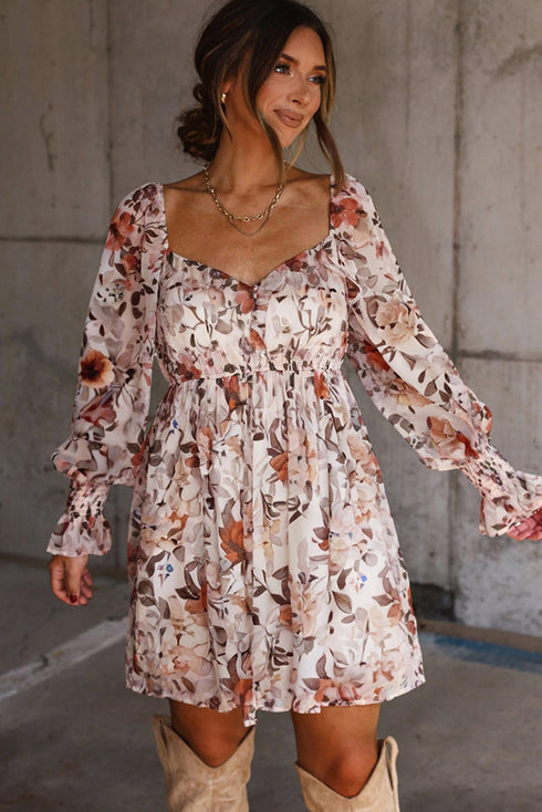High Waist Sweetheart Neck Long Sleeve Floral Dress