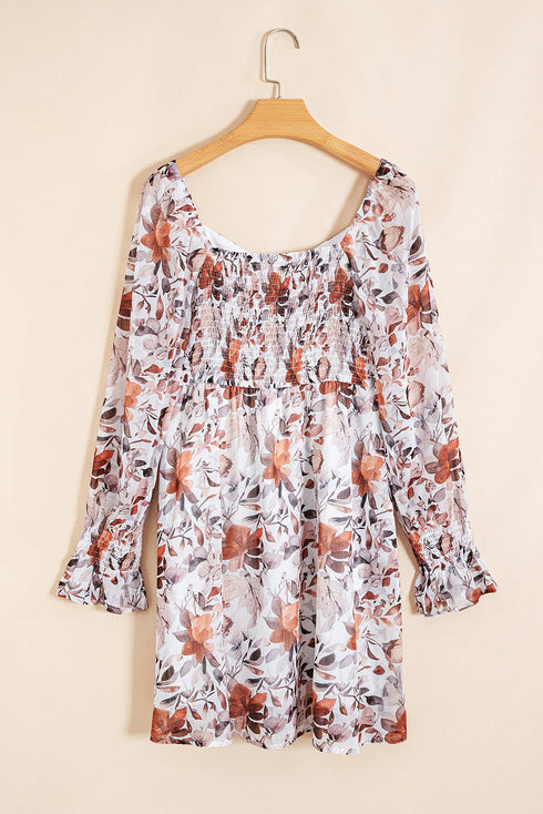 High Waist Sweetheart Neck Long Sleeve Floral Dress