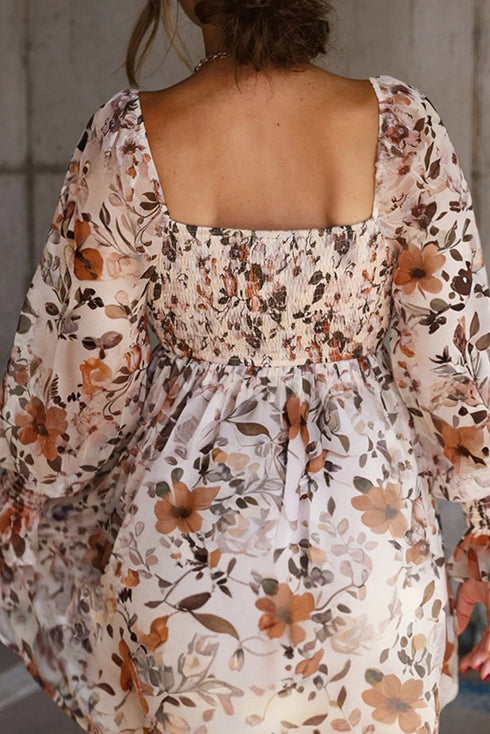 High Waist Sweetheart Neck Long Sleeve Floral Dress