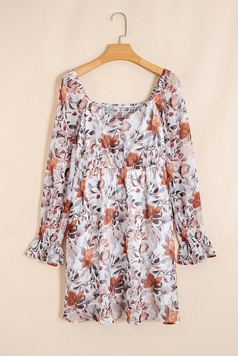 High Waist Sweetheart Neck Long Sleeve Floral Dress