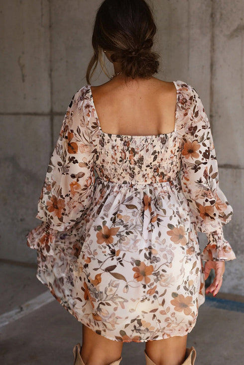 High Waist Sweetheart Neck Long Sleeve Floral Dress