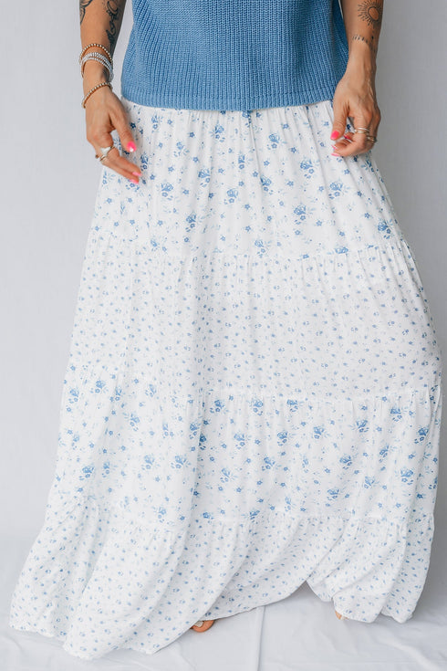High Waist Tiny Floral Print Bohemian Patchwork Maxi Skirt