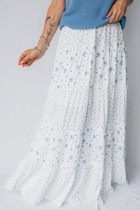 High Waist Tiny Floral Print Bohemian Patchwork Maxi Skirt