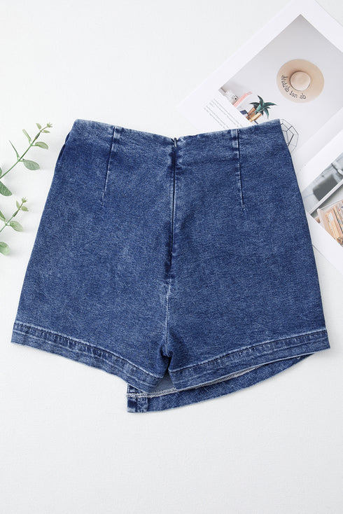 High Waist Twisted Denim Skort with USA Flag Bow Patch