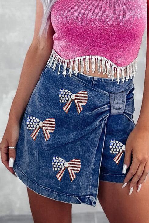 High Waist Twisted Denim Skort with USA Flag Bow Patch