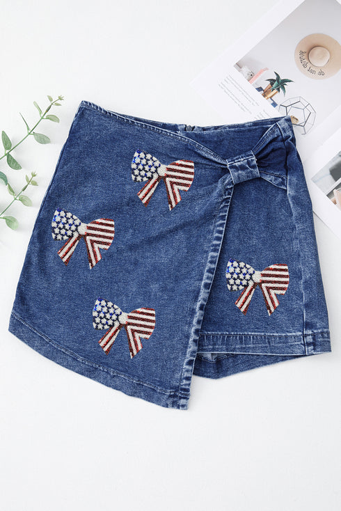High Waist Twisted Denim Skort with USA Flag Bow Patch