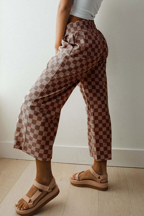 High Waist Wide Leg Checkered Pull On Casual Pants