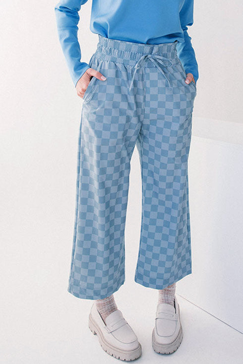 High Waist Wide Leg Checkered Pull On Casual Pants