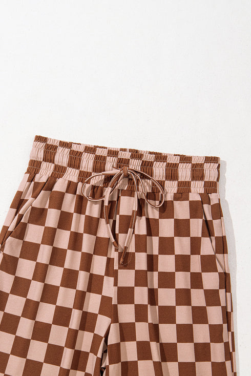 High Waist Wide Leg Checkered Pull On Casual Pants