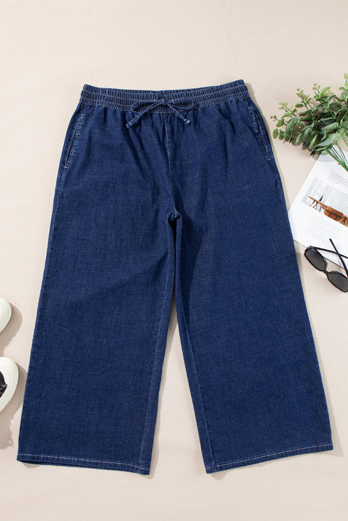 High Waist Wide Leg Drawstring Denim Bottoms