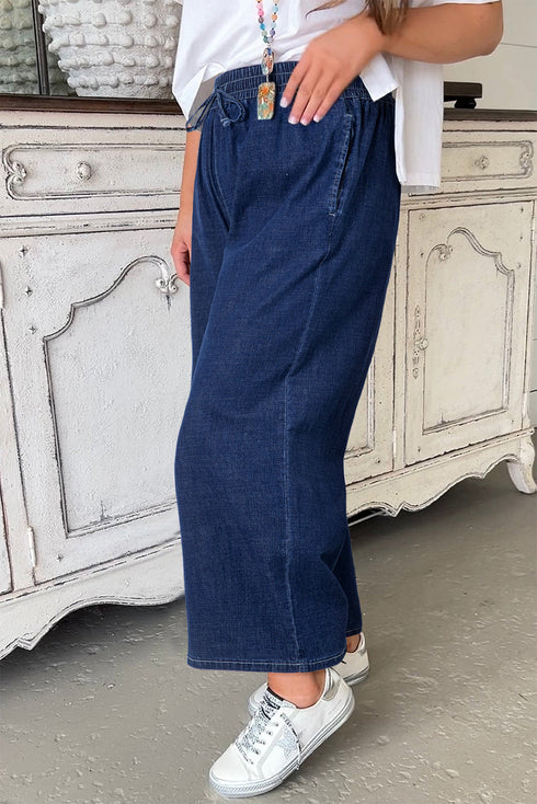 High Waist Wide Leg Drawstring Denim Bottoms