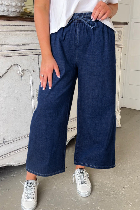 High Waist Wide Leg Drawstring Denim Bottoms