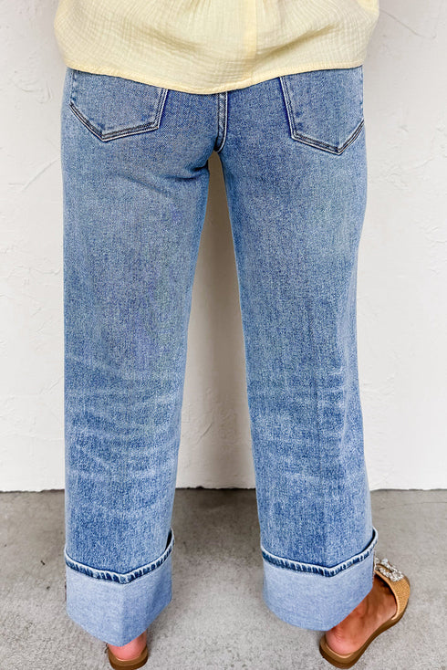 High Waisted Center Seam Straight Leg Cuffed Cropped Jeans