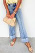 High Waisted Center Seam Straight Leg Cuffed Cropped Jeans