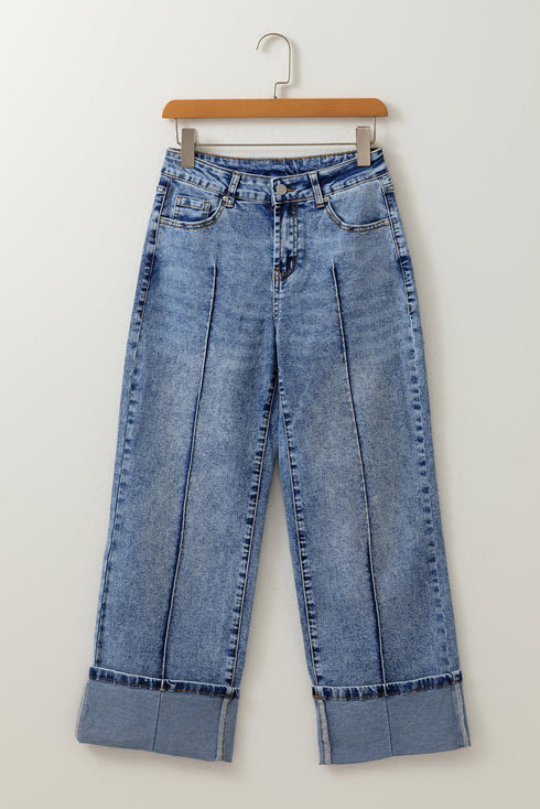 High Waisted Center Seam Straight Leg Cuffed Cropped Jeans
