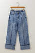 High Waisted Center Seam Straight Leg Cuffed Cropped Jeans