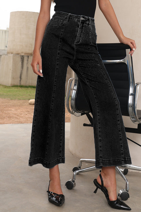 High Waisted Center Seam Wide Leg Cropped Denim Jeans