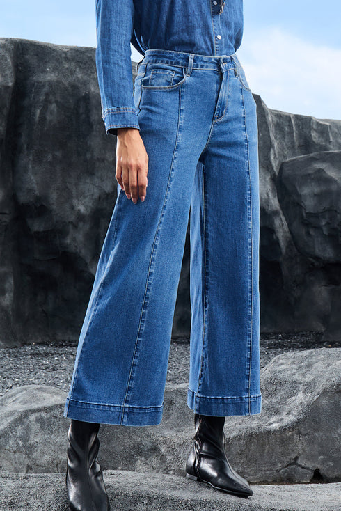 High Waisted Center Seam Wide Leg Cropped Denim Jeans