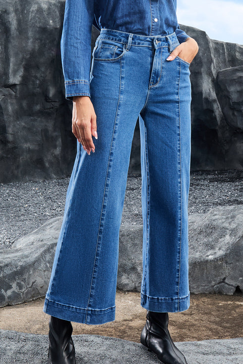 High Waisted Center Seam Wide Leg Cropped Denim Jeans