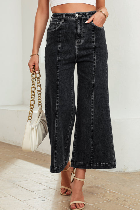 High Waisted Center Seam Wide Leg Cropped Denim Jeans
