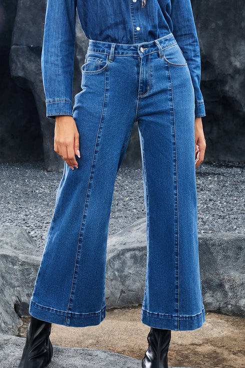 High Waisted Center Seam Wide Leg Cropped Denim Jeans