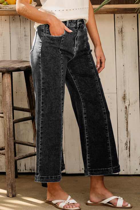 High Waisted Center Seam Wide Leg Cropped Denim Jeans