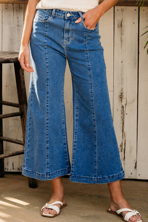 High Waisted Center Seam Wide Leg Cropped Denim Jeans