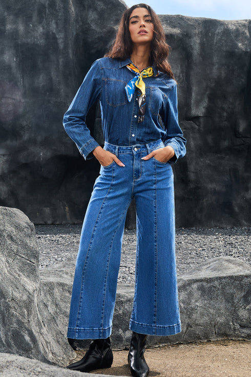 High Waisted Center Seam Wide Leg Cropped Denim Jeans