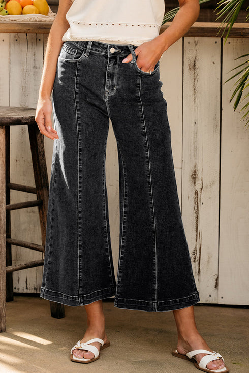 High Waisted Center Seam Wide Leg Cropped Denim Jeans