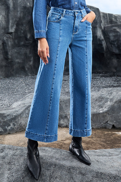 High Waisted Center Seam Wide Leg Cropped Denim Jeans