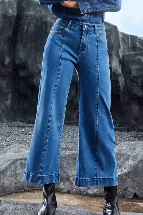 High Waisted Center Seam Wide Leg Cropped Denim Jeans