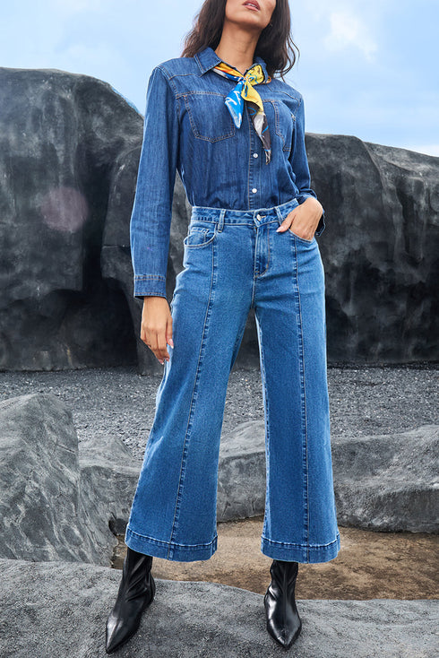 High Waisted Center Seam Wide Leg Cropped Denim Jeans