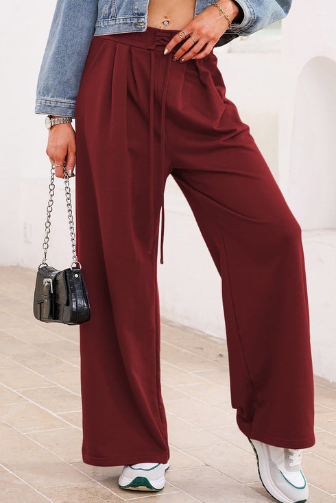 High Waisted Lace Up Front Wide Leg Pants