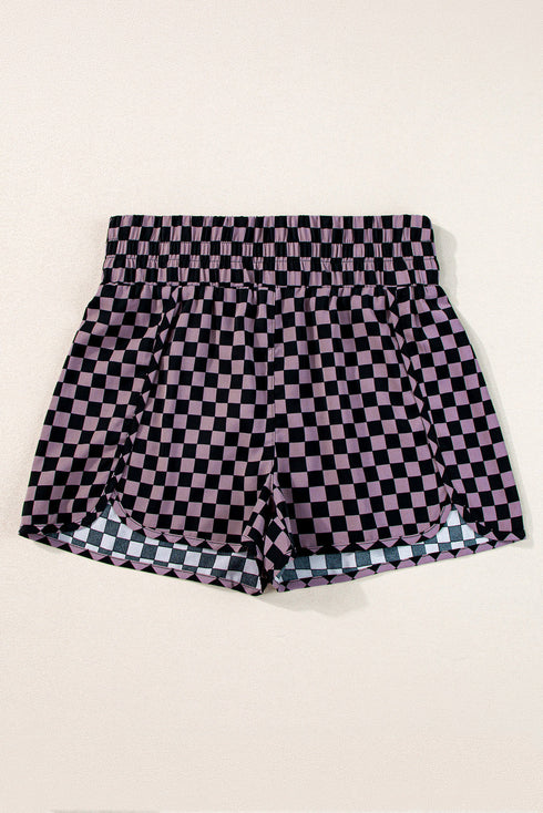 High Waisted Leopard And Checkered Print Athletic Casual Shorts