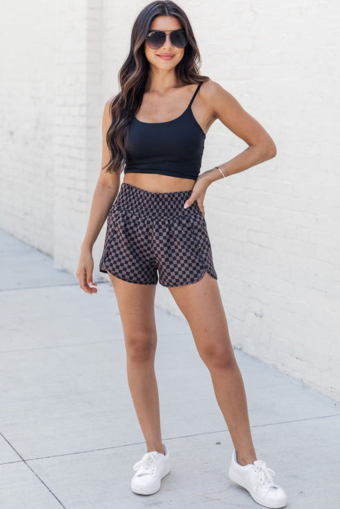 High Waisted Leopard And Checkered Print Athletic Casual Shorts