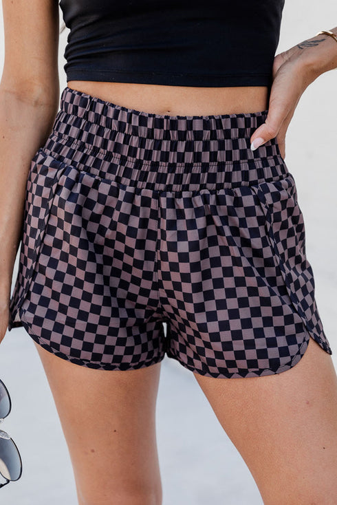 High Waisted Leopard And Checkered Print Athletic Casual Shorts