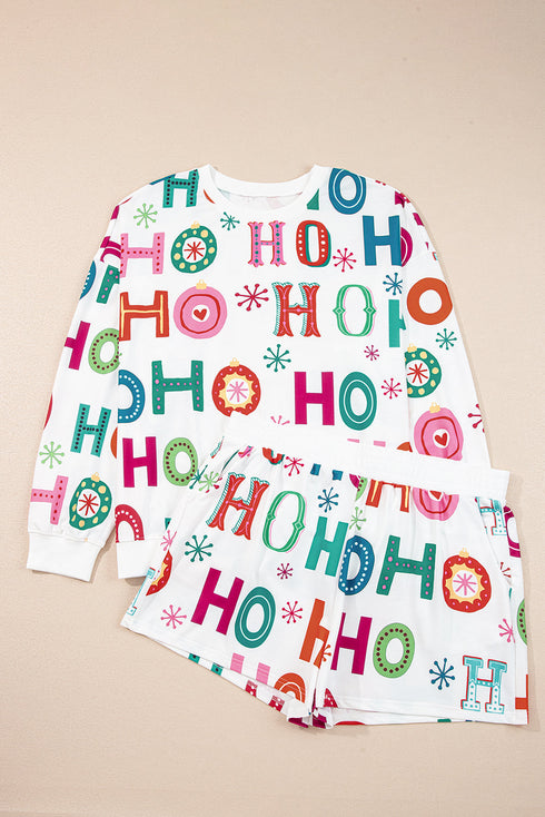 HO HO HO Ornament Print Crewneck Shorts Set Loungewear