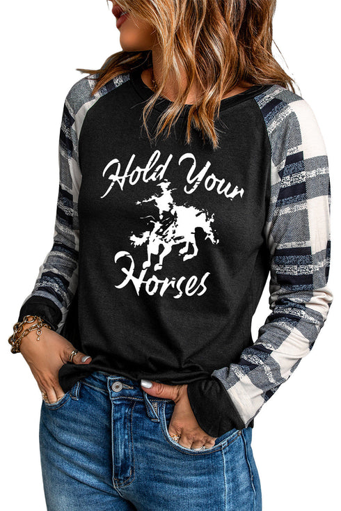 Hold Your Horses Funny Print Plaid Raglan Sleeve Pullover