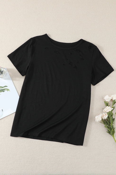 Holes Crew Neck Cotton Mixed T-Shirt