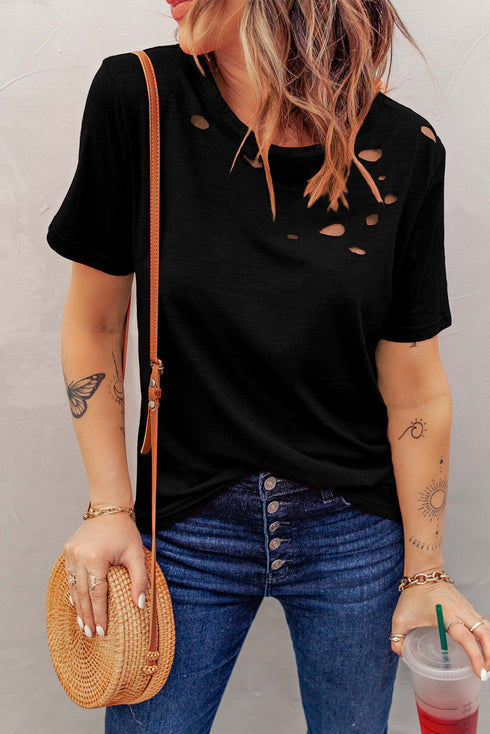 Holes Crew Neck Cotton Mixed T-Shirt