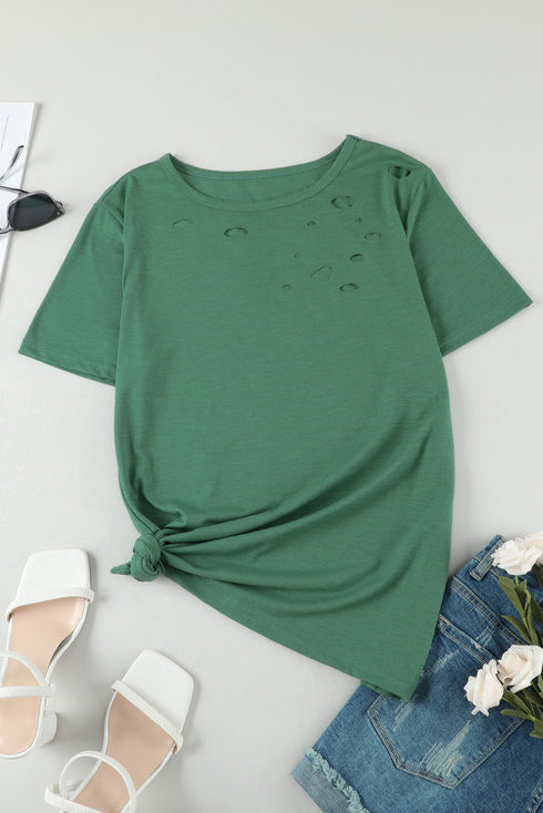 Holes Crew Neck Cotton Mixed T-Shirt