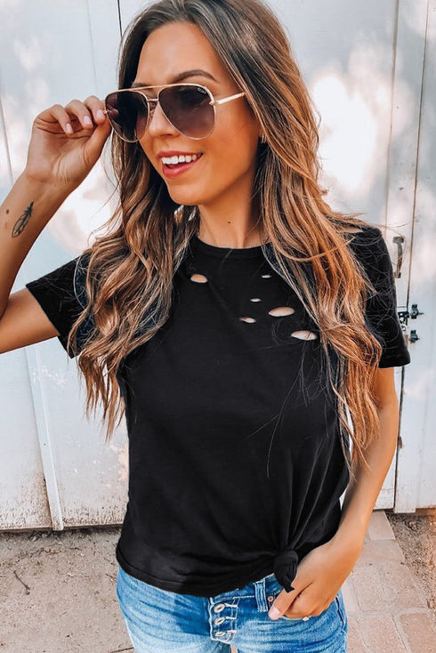 Holes Crew Neck Cotton Mixed T-Shirt