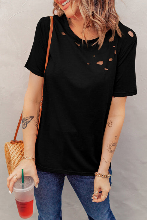 Holes Crew Neck Cotton Mixed T-Shirt