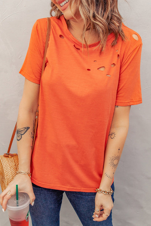 Holes Crew Neck Cotton Mixed T-Shirt