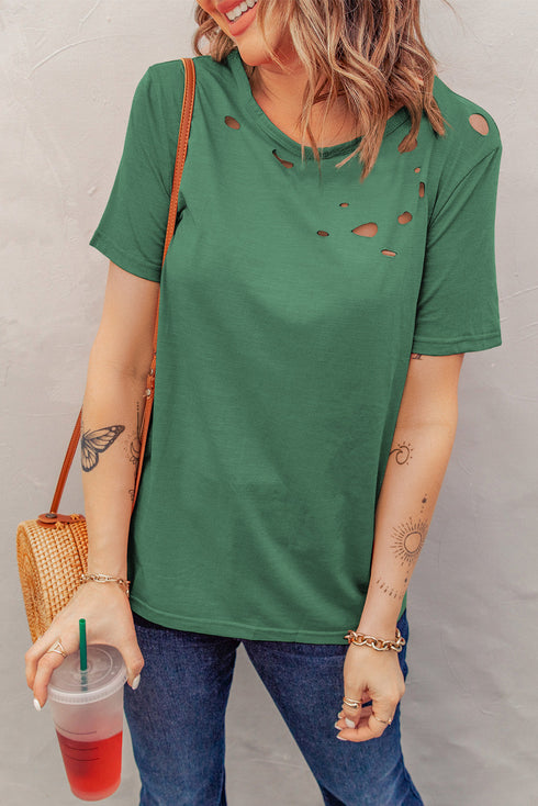 Holes Crew Neck Cotton Mixed T-Shirt