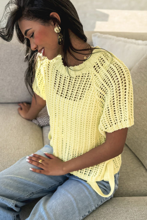 Hollow Out Crochet Detail Side Tied Short Sleeve Knit Sweater