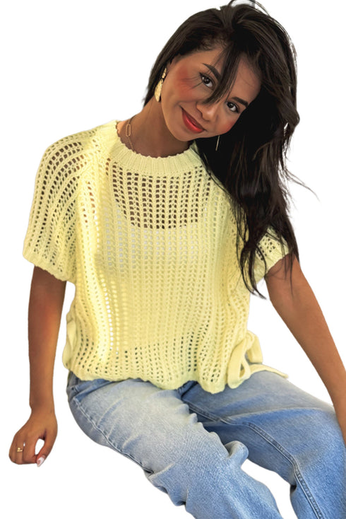Hollow Out Crochet Detail Side Tied Short Sleeve Knit Sweater
