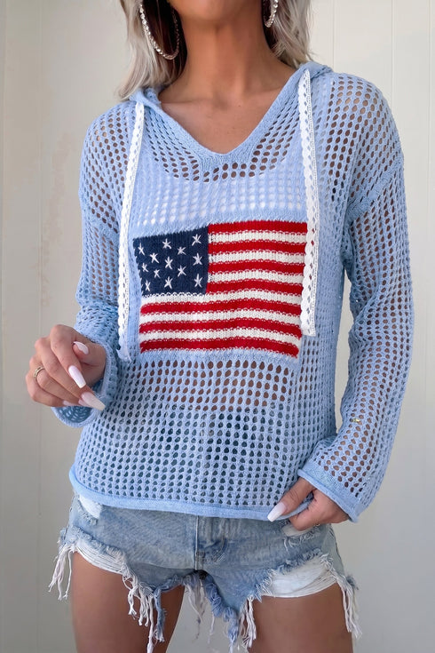 Hollow Out Crochet Knit American Flag Patch Hooded Sweater