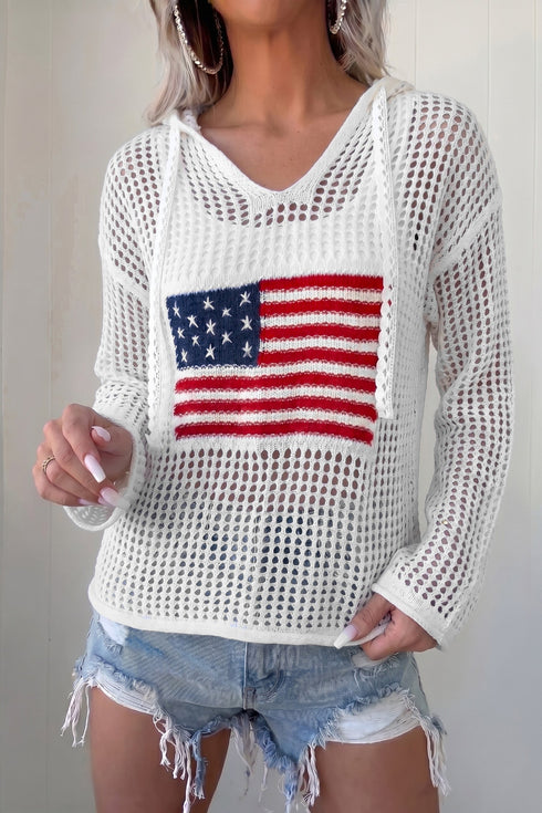 Hollow Out Crochet Knit American Flag Patch Hooded Sweater
